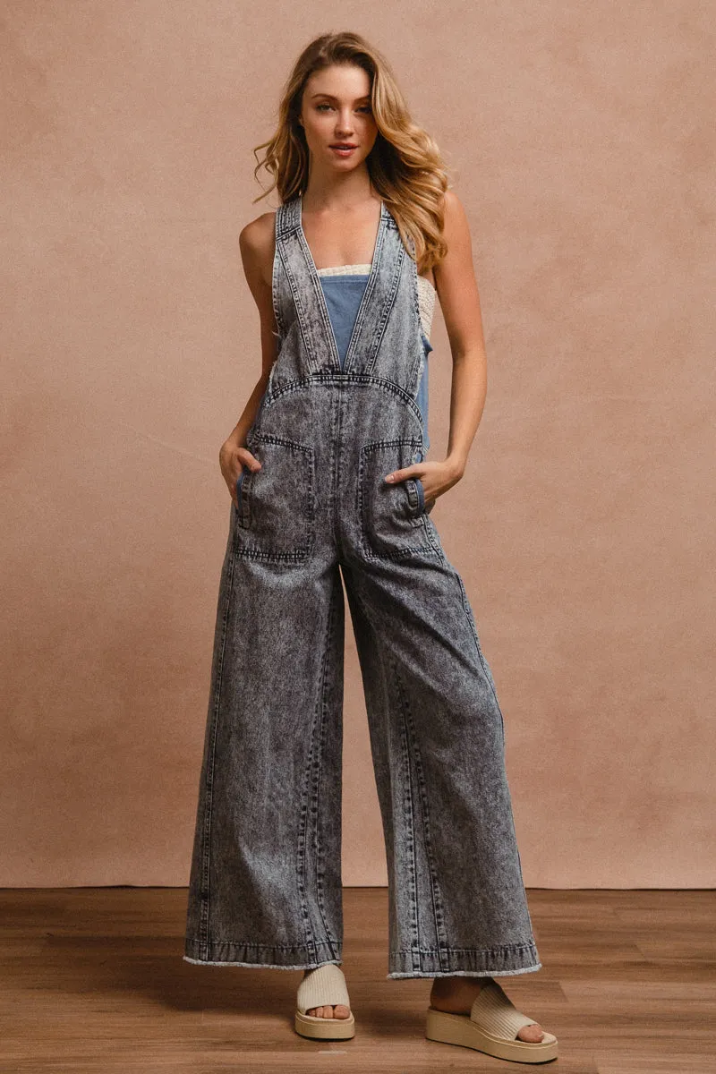 IB1567R-02 | MINERAL WASHED DENIM JUMPSUIT WITH CONTRAST DETAIL hypoallergenic material Urban Cool