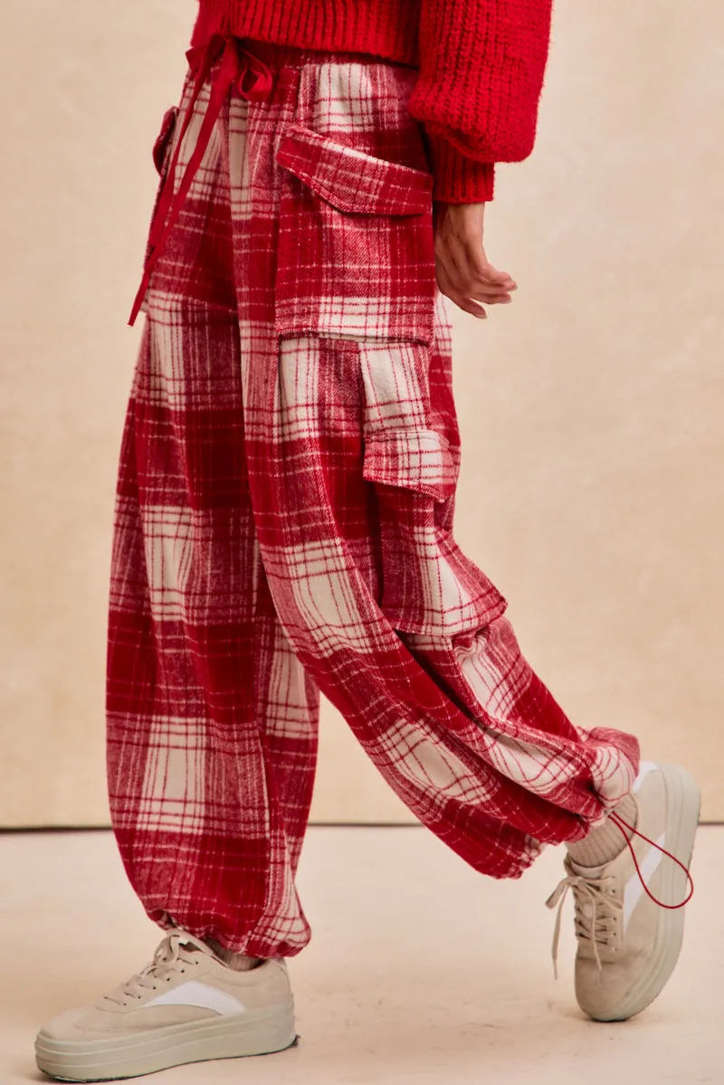 IB1573S-02 | FLEECE PLAID BALOON PANTS WITH DRAWSTRING TIE LightweightConstruction