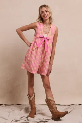 IB1575R-08 | GINGHAM WOVEN ROMPER WITH CONTRAST TIE AND BACK ZIPPER Layering Compatible Cut