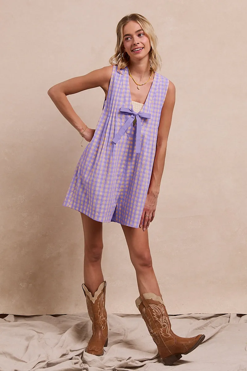 Light Reflective Details IB1575R-08 | GINGHAM WOVEN ROMPER WITH CONTRAST TIE AND BACK ZIPPER