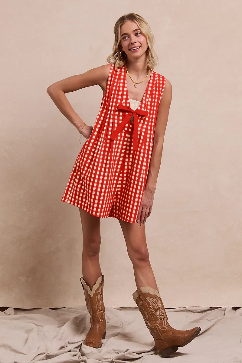 IB1575R-08 | GINGHAM WOVEN ROMPER WITH CONTRAST TIE AND BACK ZIPPER Non Tapered Leg Casual Design