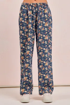 Stand Up Collar Everyday Active Style IB1591R-03 | WASHED FLORAL PRINT DENIM PANTS WITH AND WIDE FIT