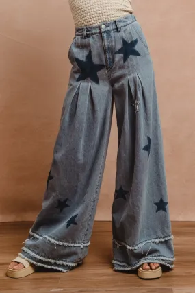 IB1597R-01 | MINERAL WASHED DENIM STAR PATCHWORK WIDE PANTS WITH FRAYED HEM DETAIL Street Comfort Padded hips