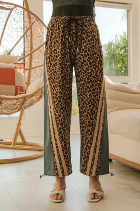 IB1608R-01 | WASHED LEOPARD AND DENIM MIX AND MATCH JOGGER PANTS Softened Hem Anti Pilling Surface