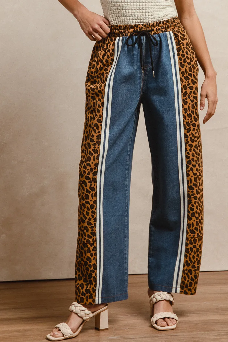 Anti Pilling Surface Durable Stitching IB1623R-01 | LEOPARD AND DENIM MIXED LONG PANT WITH WAIST ELASTIC BAND