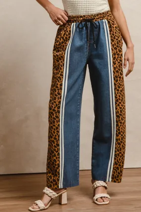 IB1623R-01 | LEOPARD AND DENIM MIXED LONG PANT WITH WAIST ELASTIC BAND Seamless construction
