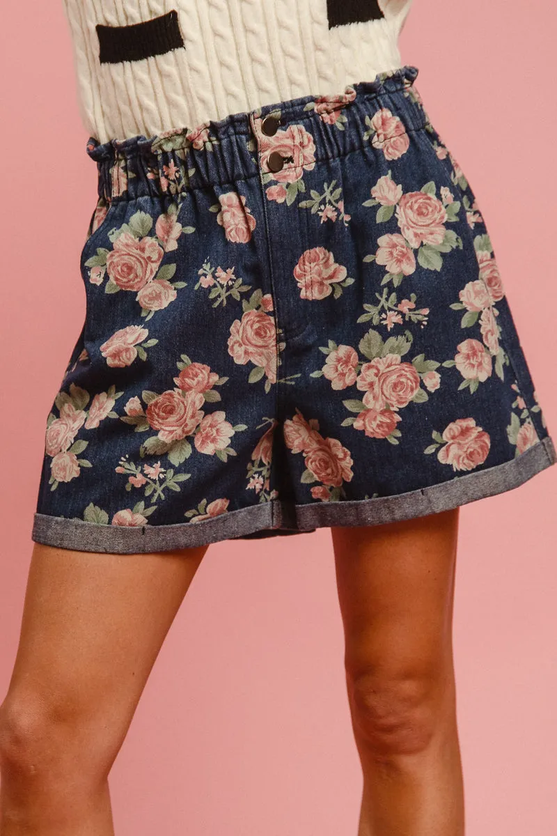 IB1625R-01 | FLORAL DENIM SHORT PANTS WITH ROLL UP HEM Stretchy Waist
