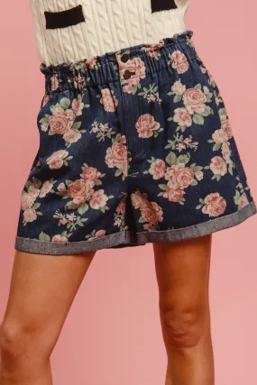 IB1625R-01 | FLORAL DENIM SHORT PANTS WITH ROLL UP HEM Stretchy Waist