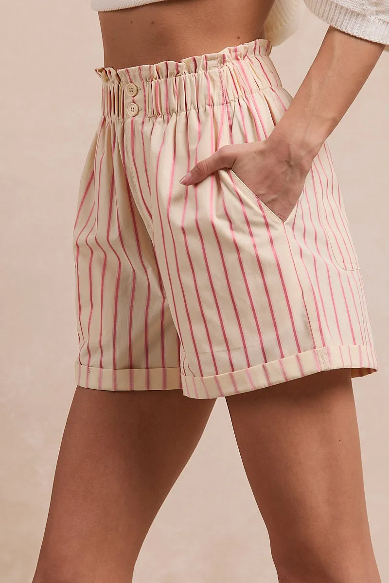 Relaxed Comfort Weekend Chill Style IB1625R-03 | STRIPE WOVEN WAIST ELASTIC SHORT PANTS WITH SIDE POCKET