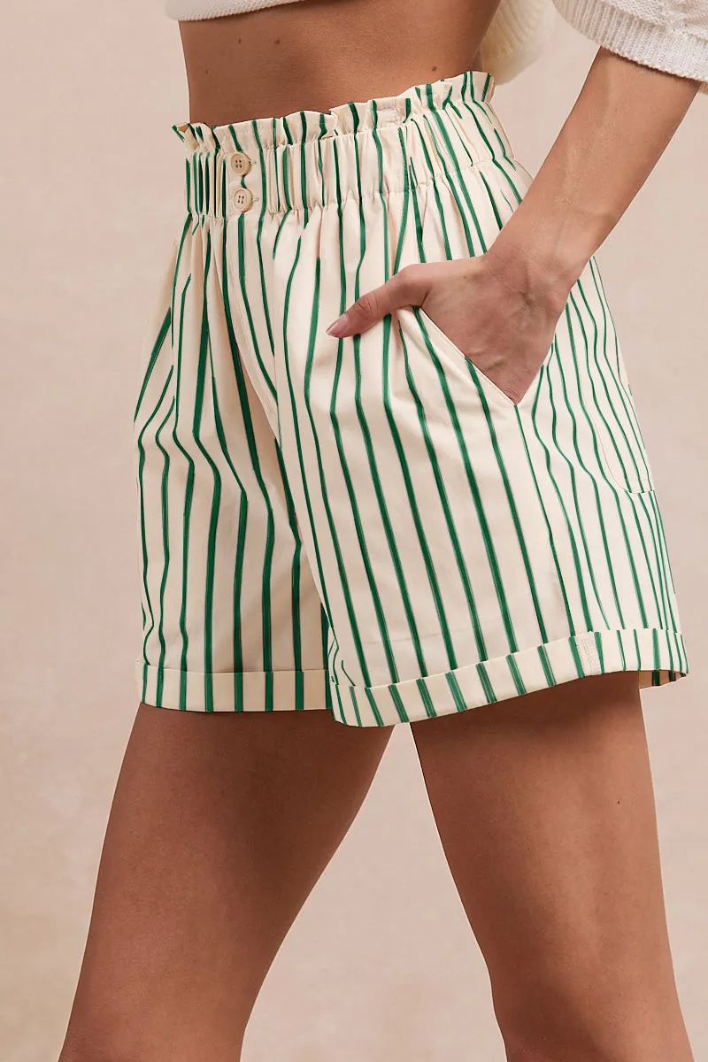 IB1625R-03 | STRIPE WOVEN WAIST ELASTIC SHORT PANTS WITH SIDE POCKET Urban Fit Look Plaid Print