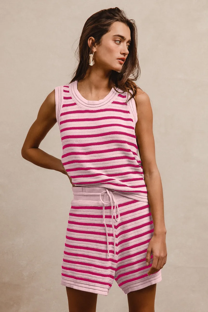 SturdyBeltLoops IB1645-01 | TEXTURED STRIPE KNIT SLEEVELESS TOP AND SHORTS SET