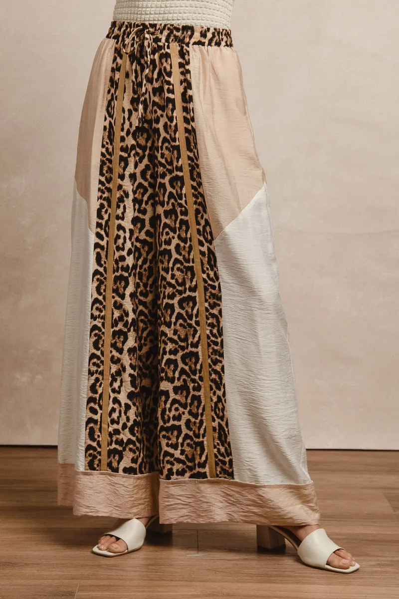 Heat Control IB1689-03 | COLOR BLOCK LEOPARD PRINTS DRAWSTRING DETAIL WIDE PANTS