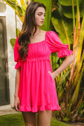 IB1691G-01 | RUFFLE EDGE PUFF SLEEVES LINED CHIFFON ROMPER WITH SIDE POCKETS Minimal Travel Look Compact Travel Friendly
