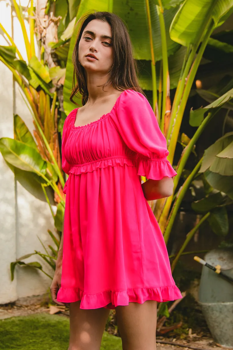 windproof IB1691G-01 | RUFFLE EDGE PUFF SLEEVES LINED CHIFFON ROMPER WITH SIDE POCKETS