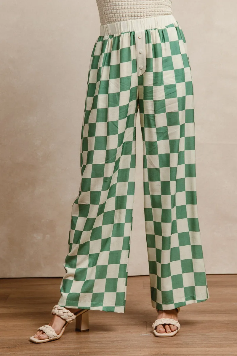 Bold Waistband Flatlock Seams IB1693-01 | SHEER CHECKER PRINT PANTS