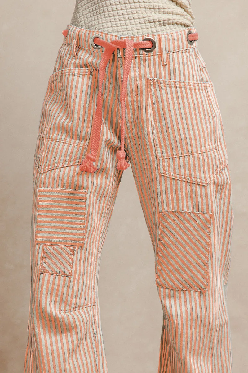 Wrinkle Resistant Finish Durable Hem IB1717-01 | STRIPED TWILL BARREL PANTS