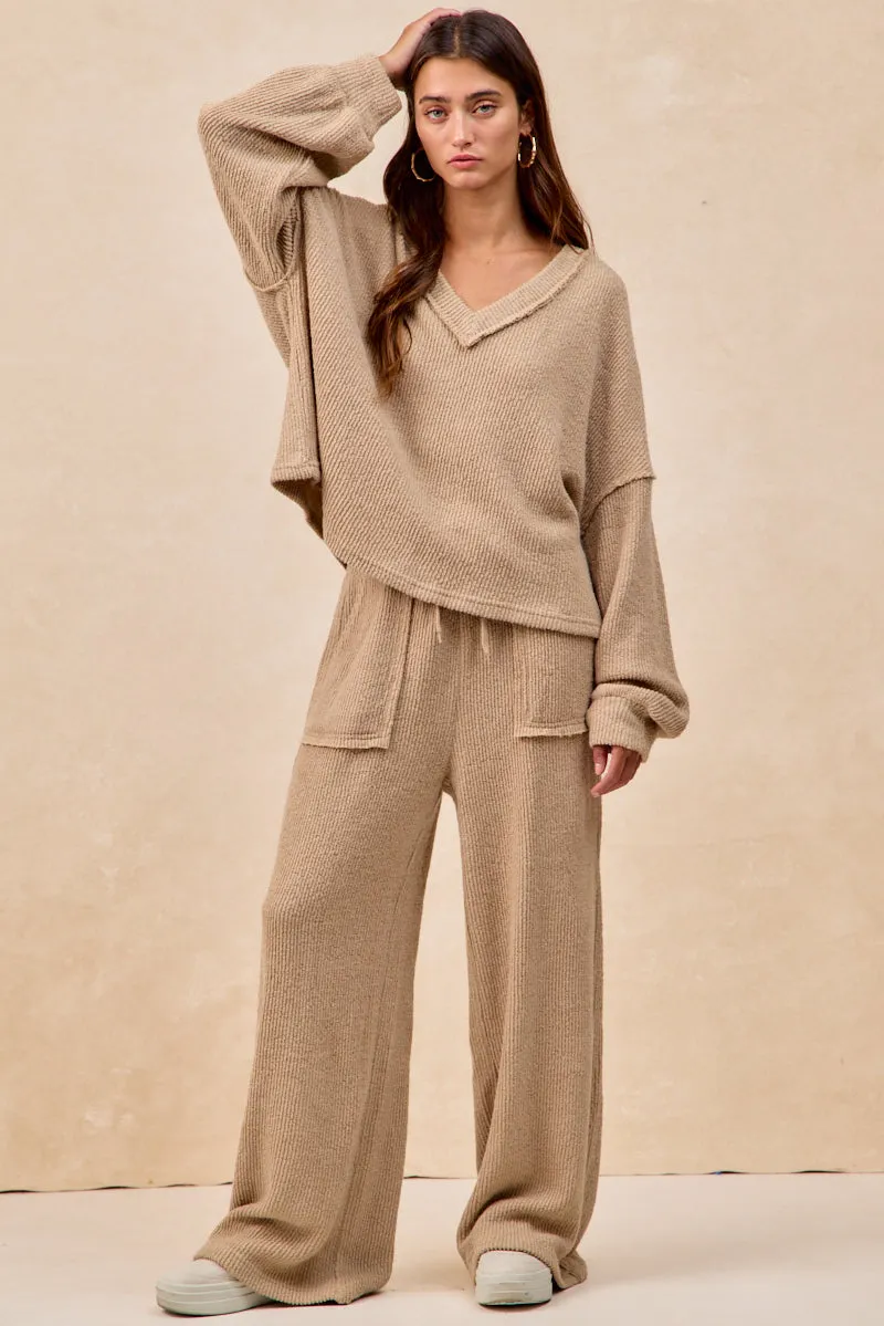IB1744S-02 | BOUCLE RIB KNIT WIDE PANTS WITH CUT EDGE DETAIL ThermalInsulation Plus-size option