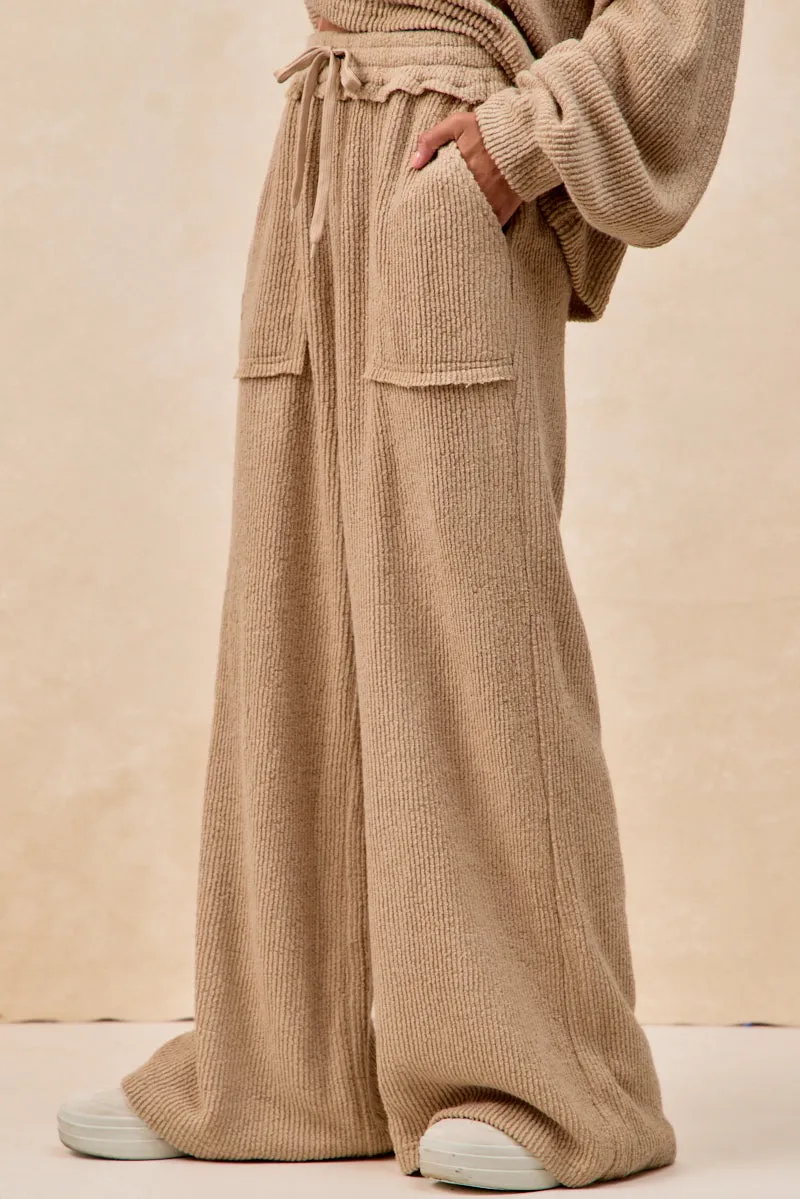 Chic Style Reflective Trim Options IB1744S-02 | BOUCLE RIB KNIT WIDE PANTS WITH CUT EDGE DETAIL