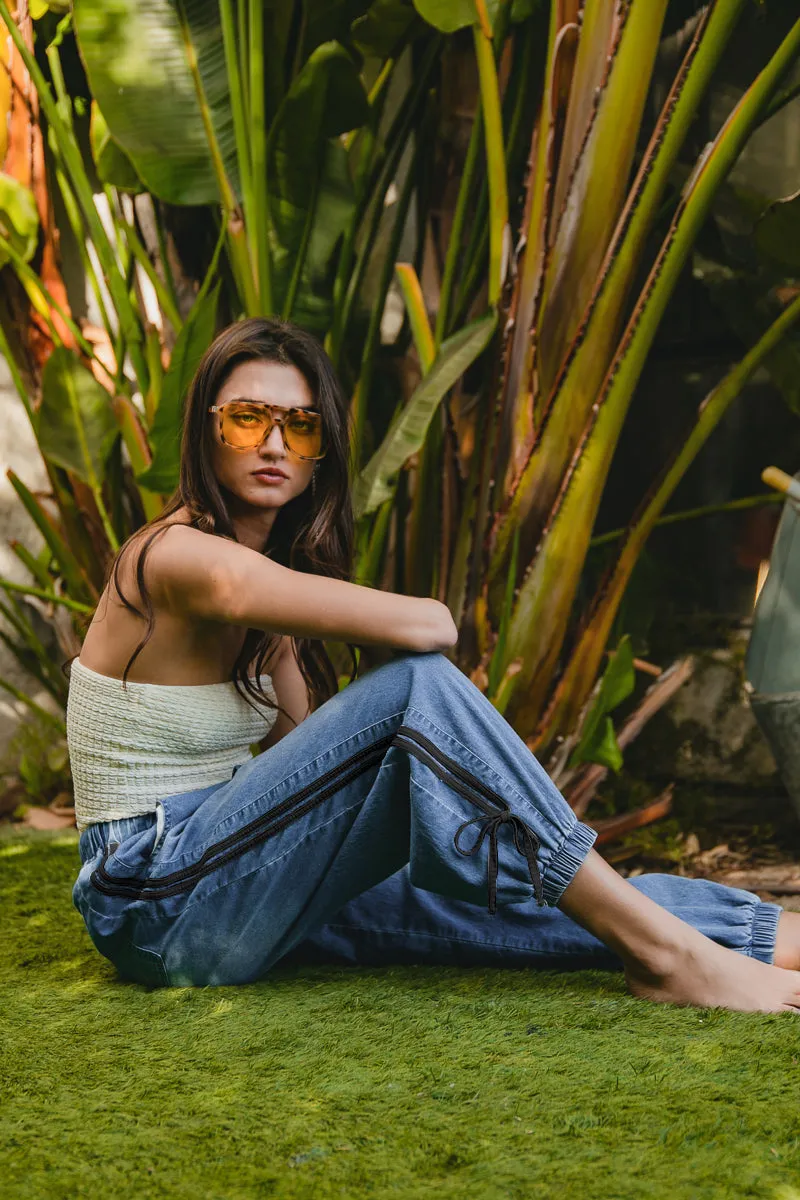 Street Inspired Core Style IB1756-01 | STRIPED TAPE DETAILS WITH BOT TIED POINT ELASTIC WAIST DENIM PANTS