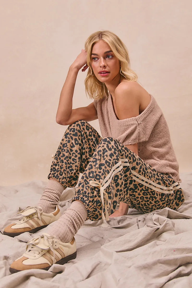 IB1756G-02 | LEOPARD PRINT WAFFLE SIDE LINES DETAIL JOGGER PANTS FadeResistantTreatment