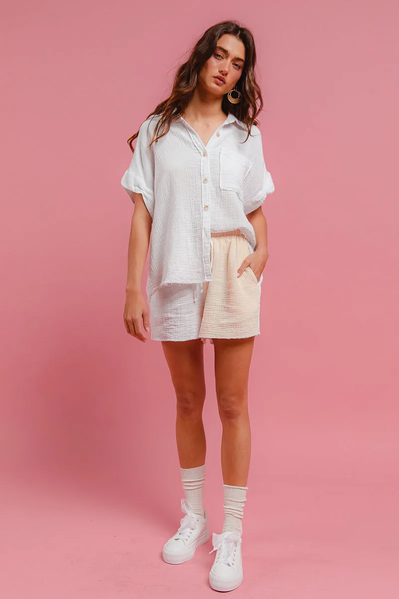 IB1768-01 | WRINKLED GAUZE SOLID WITH FRAYED EDGE DETAILS SHIRTS TOP AND COLOR BLOCK WAISTBAND WIDE Relax Fit