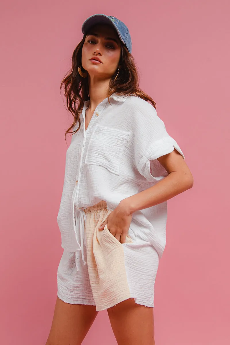 Smart Look DoubleLayeredKnees IB1768-01 | WRINKLED GAUZE SOLID WITH FRAYED EDGE DETAILS SHIRTS TOP AND COLOR BLOCK WAISTBAND WIDE