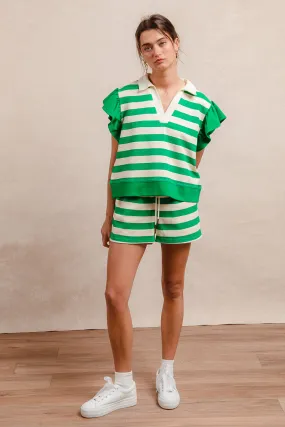 Softshell Construction IB1789-01P | STRIPED WITH RUFFLE DETAILS SHORT SLEEVES TOP AND ELASTIC WAISTBAND WIDE SHORTS SET
