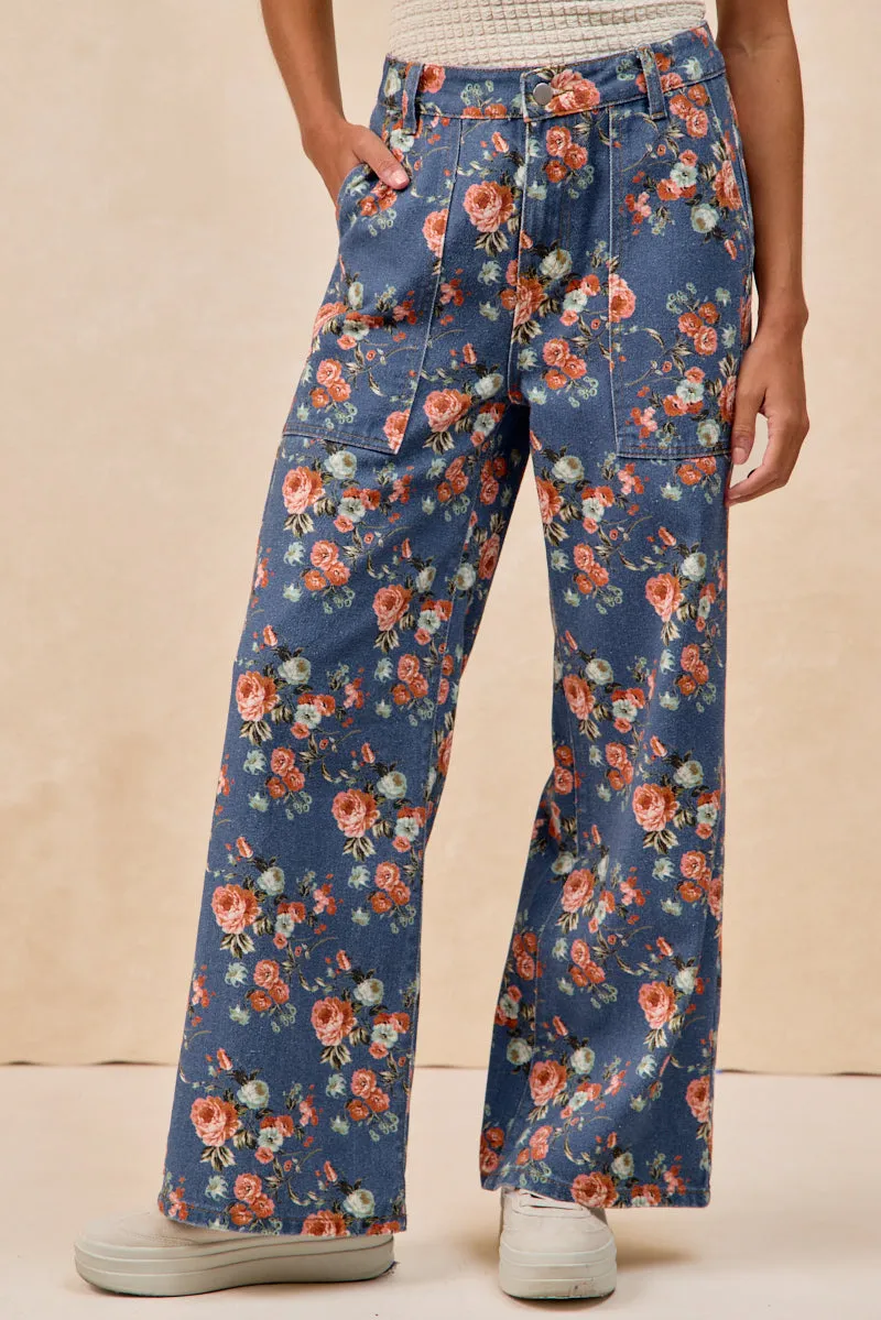 IB1818S-02 | WASHED FLOWER PRINTED WIDE JEANS Reversible Dual Layer