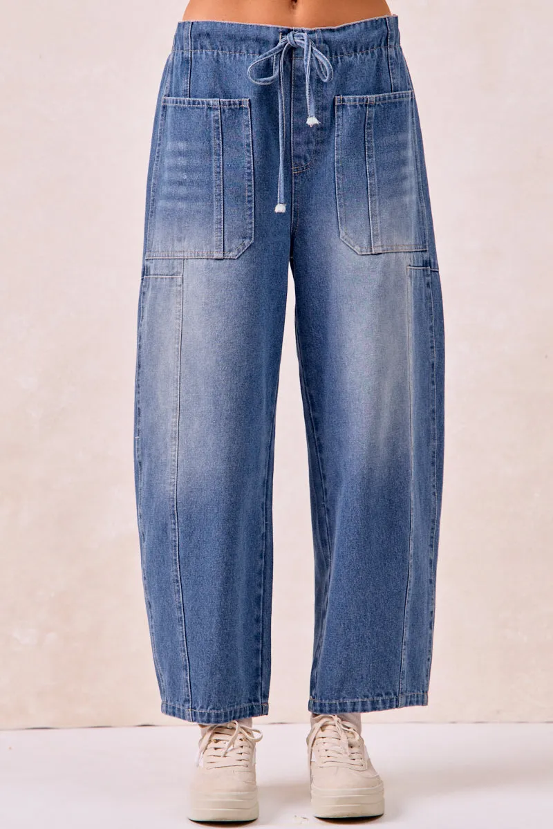 IB1824S-01 | WASHED DENIM BARREL PANTS WITH POCKETS AND WAIST Subtle Layers