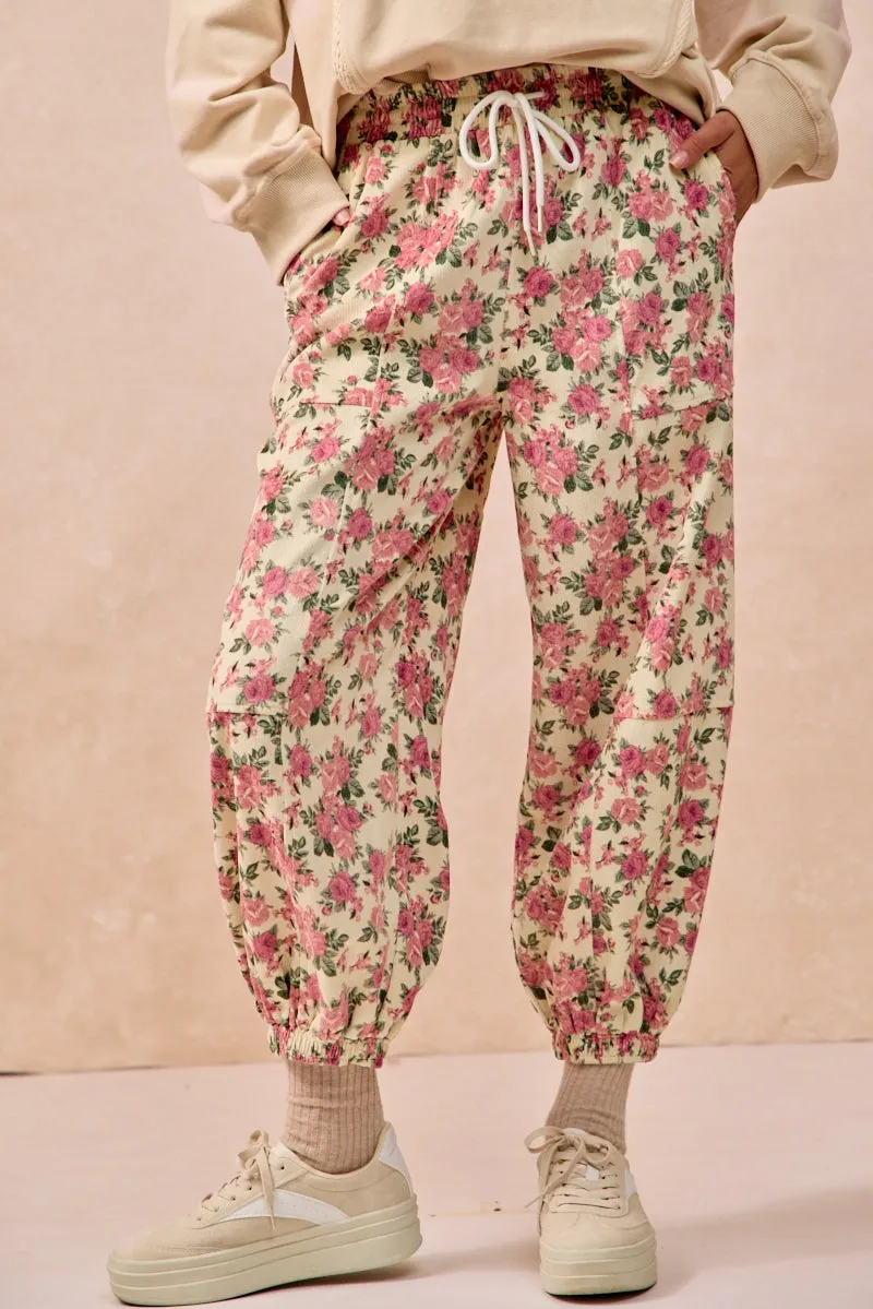 AllDayComfort IB1829-01 | FLORAL PRINTED TWILL PANTS WITH ELASTIC BAND