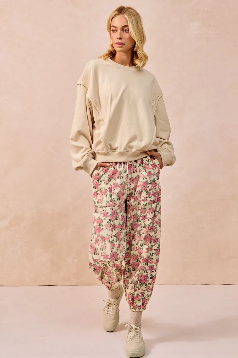 IB1829-01 | FLORAL PRINTED TWILL PANTS WITH ELASTIC BAND Stretch Fabric Easy Care Fabric Finish