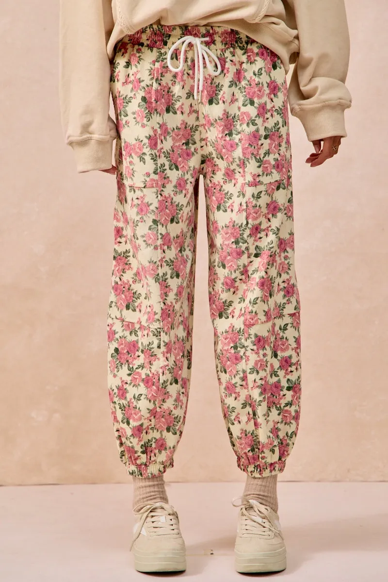 IB1829-01 | FLORAL PRINTED TWILL PANTS WITH ELASTIC BAND Wool blend Easy Care