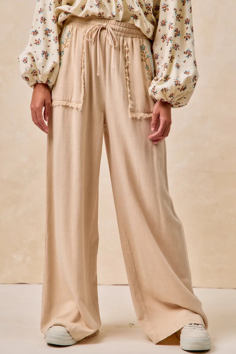 Water Repellent Coating IB1844K-01 | FLORAL EMBROIDERED SOLID PANTS WITH WAIST ELASTIC