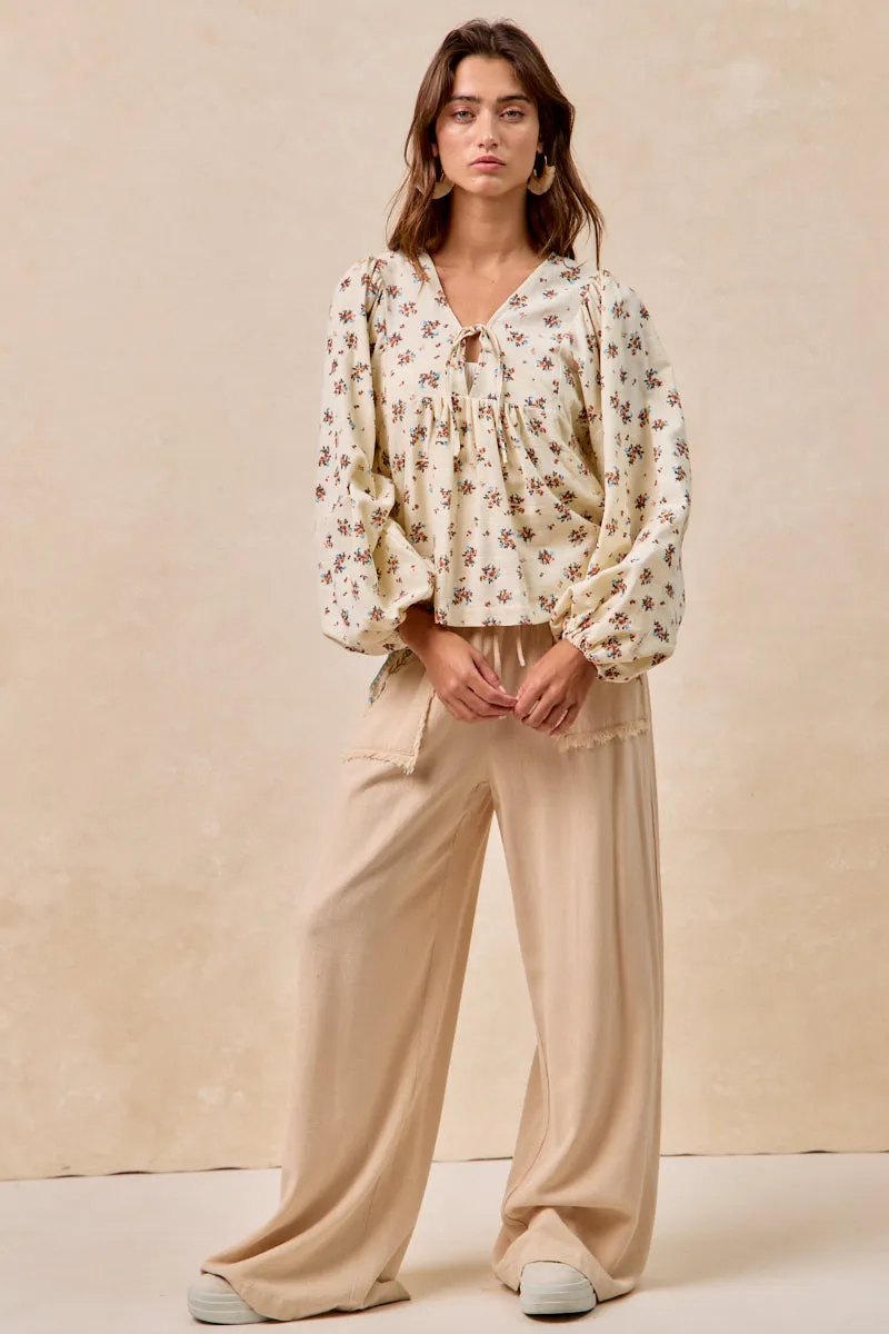 Versatile Design IB1844K-01 | FLORAL EMBROIDERED SOLID PANTS WITH WAIST ELASTIC