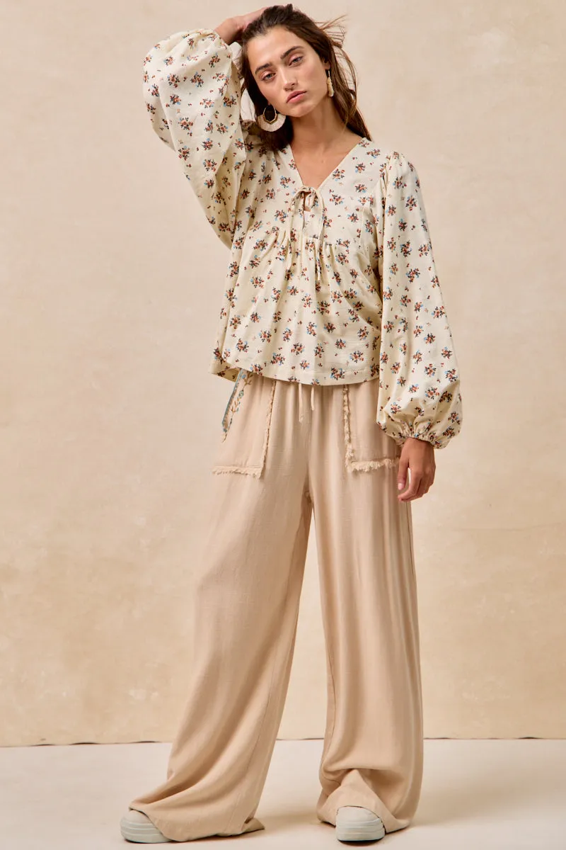 TearResistantMaterial IB1844K-01 | FLORAL EMBROIDERED SOLID PANTS WITH WAIST ELASTIC