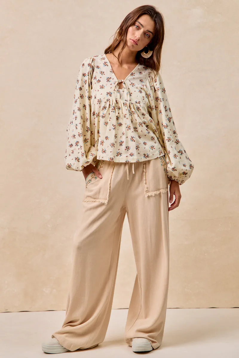 IB1844K-01 | FLORAL EMBROIDERED SOLID PANTS WITH WAIST ELASTIC Windproof coating UV protection coating