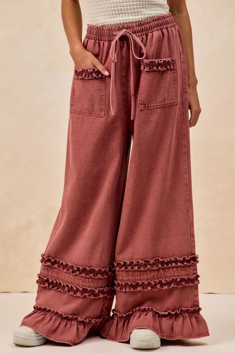 IB1853H-01 | WASHED DENIM WIDE PANTS WITH RUFFLED DETAILS MoistureWickingInterior Pocket Placement