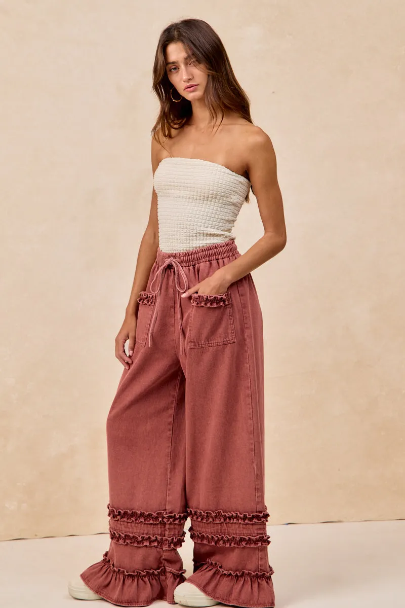 IB1853H-01 | WASHED DENIM WIDE PANTS WITH RUFFLED DETAILS Stretchy Waist