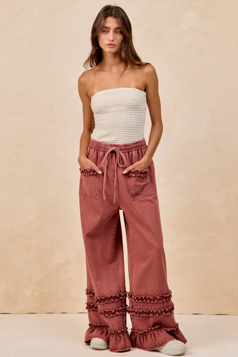 IB1853H-01 | WASHED DENIM WIDE PANTS WITH RUFFLED DETAILS Dynamic Flex Panels