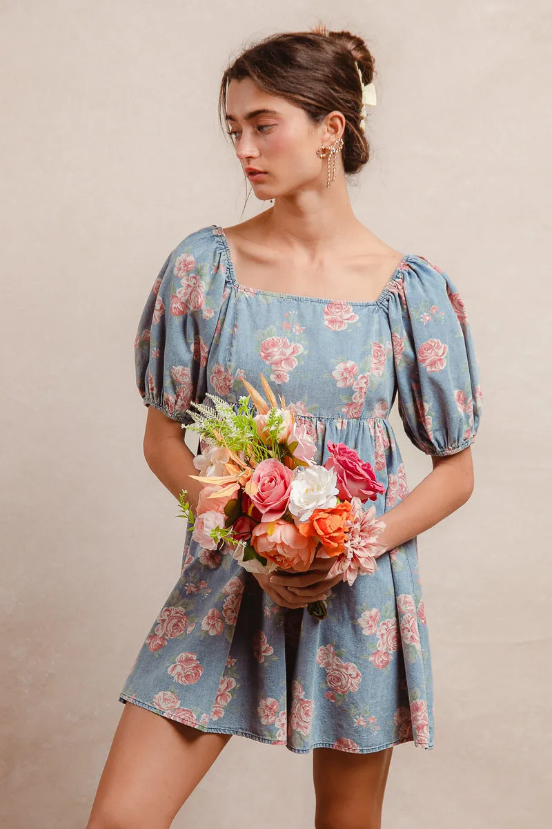 Articulated Elbows Cuffs Adjust ID1300G-22 | WASHED FLORAL PRINT SHORT BALLOON SLEEVE DRESS WITH BACK INVISIBLE ZIPPER