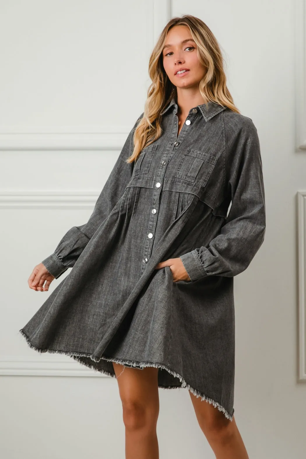 Easy Movement Cut ID1805R-01 | MINERAL WASHED BUTTON DOWN DRESS WITH SIDE POCKET