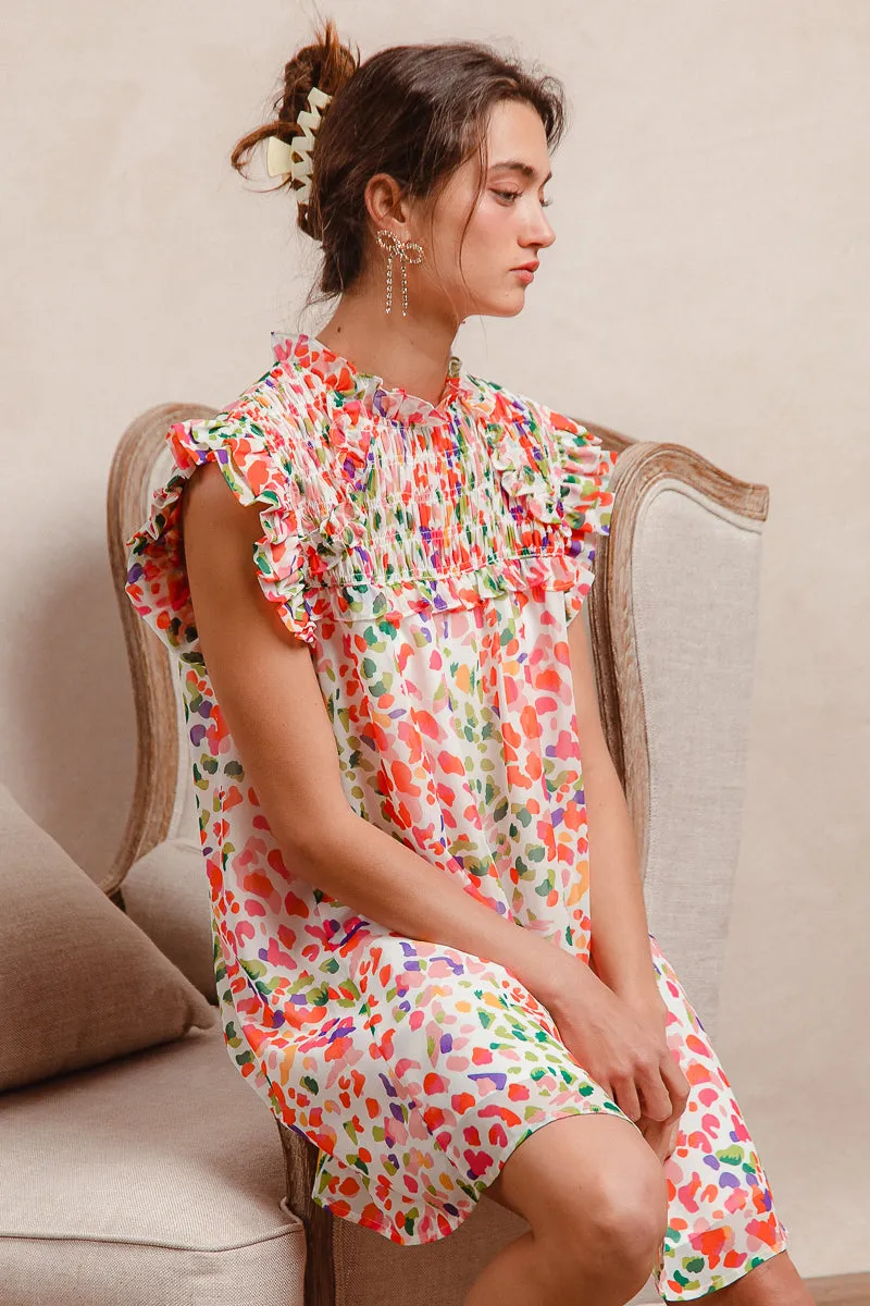 Flexible Cuffs ID1841R-01 | LEOPARD SMOCKED YOKE DRESS WITH FULL LINING AND BACK KEY HOLE