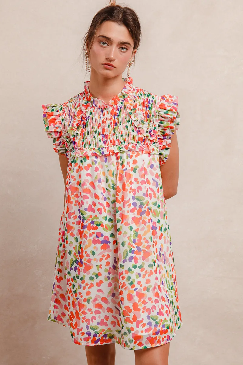 High End Look ID1841R-01 | LEOPARD SMOCKED YOKE DRESS WITH FULL LINING AND BACK KEY HOLE