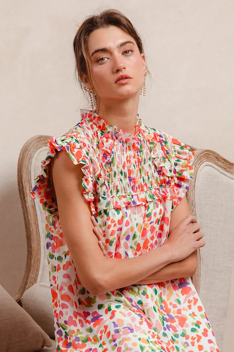 Comfy Fit Piece ID1841R-01 | LEOPARD SMOCKED YOKE DRESS WITH FULL LINING AND BACK KEY HOLE