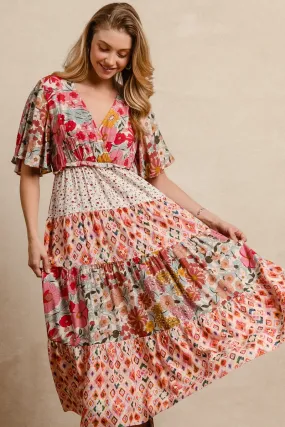 ID1872R-01P | FLORAL PRINT MIX AND MATCH MIDI DRESS WITH WAIST ELASTIC All Season Compatibility