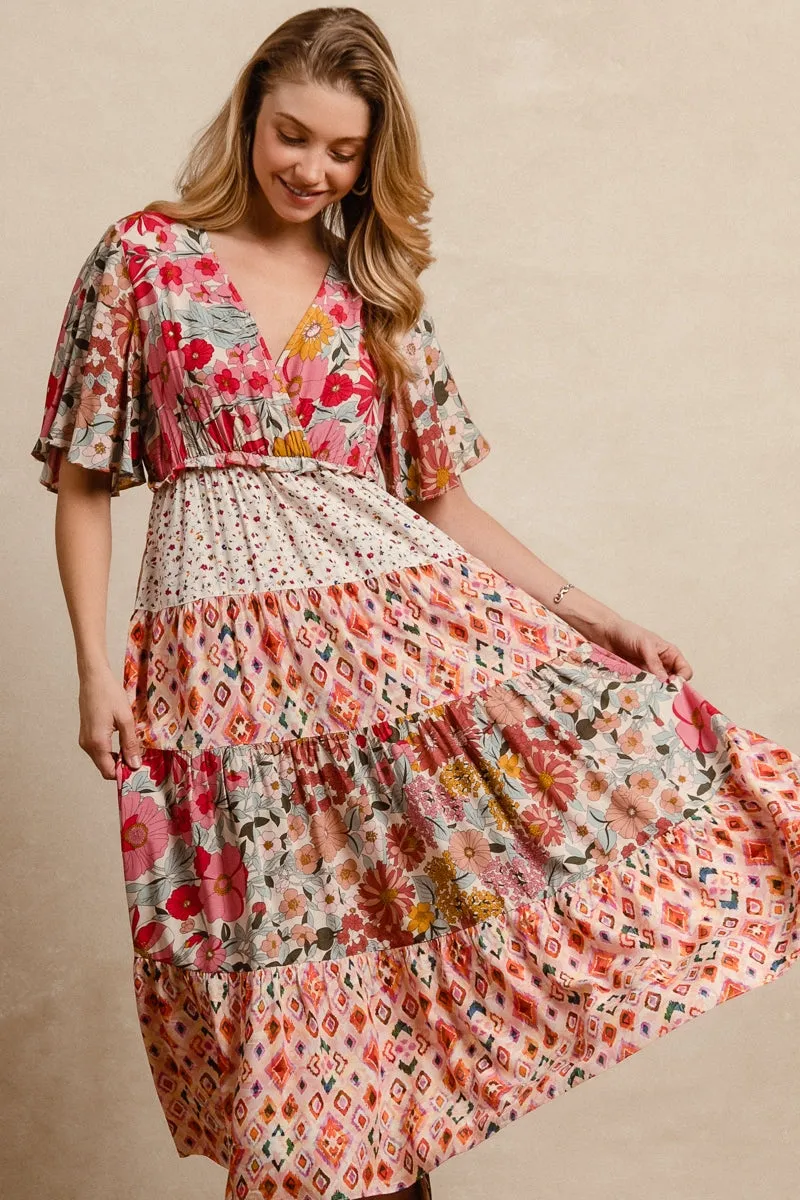ID1872R-01P | FLORAL PRINT MIX AND MATCH MIDI DRESS WITH WAIST ELASTIC All Season Compatibility