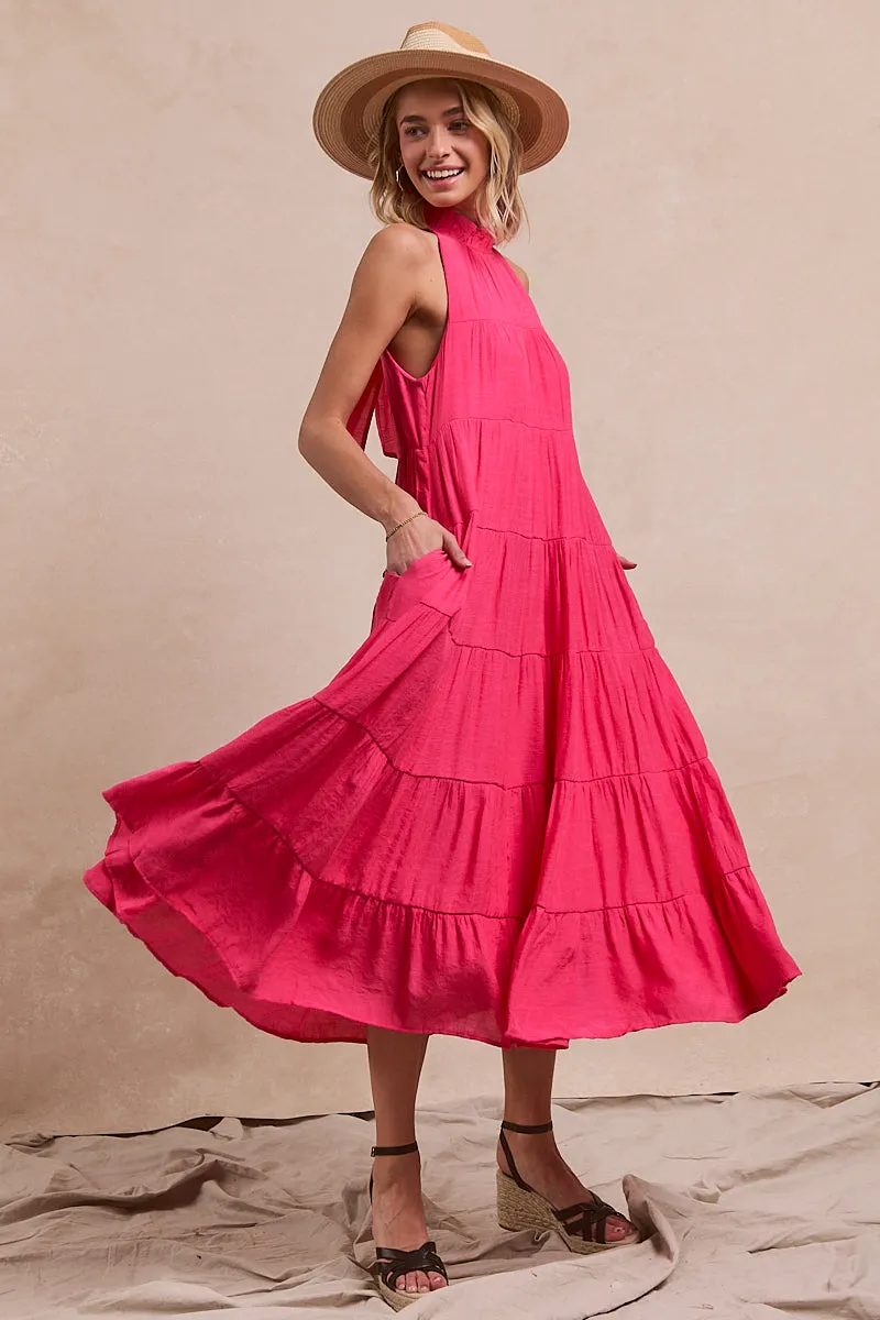 ID1961-01 | SOLID WOVEN RUFFLED DETAIL DRESS Noise Reducing Fabric Travel Fit