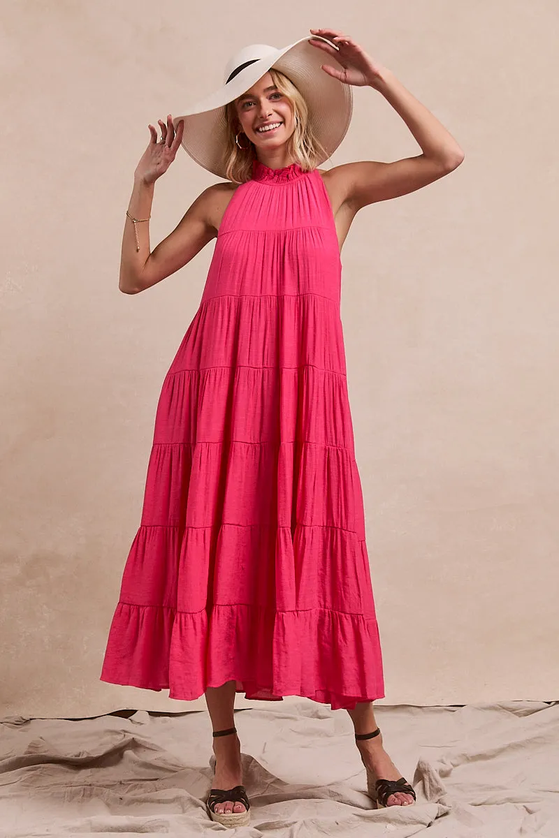 ID1961-01 | SOLID WOVEN RUFFLED DETAIL DRESS Soft Lined Interior