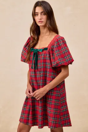 Soft Neutral ID1999S-03 | CHRISTMAS PLAID BALLOON SLEEVES SQUARED NECK DRESS