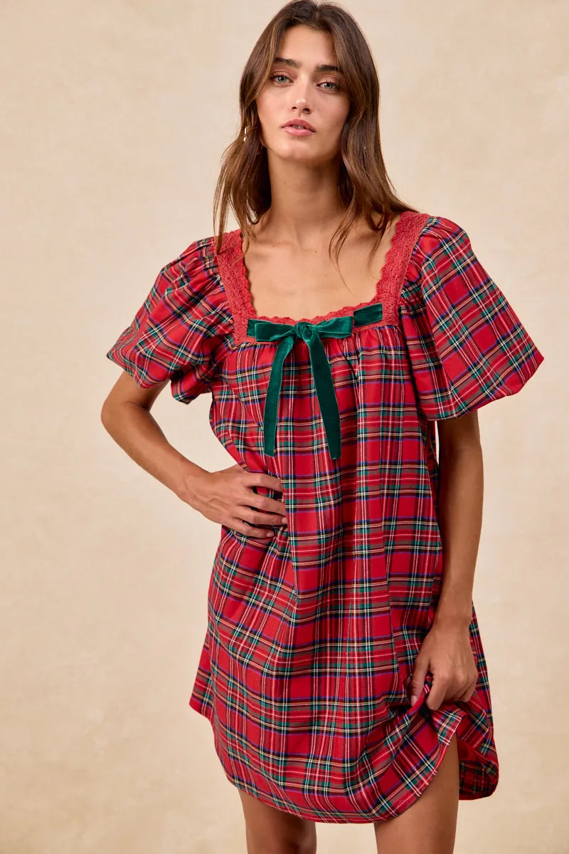 Timeless Cut ID1999S-03 | CHRISTMAS PLAID BALLOON SLEEVES SQUARED NECK DRESS